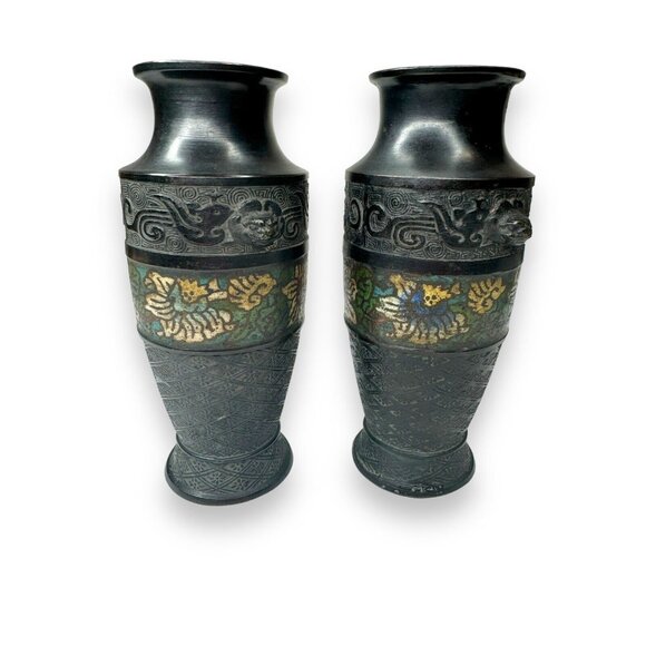 Antique Chinese Cloissone Bronze Vases Set Of 2 - Picture 2 of 16